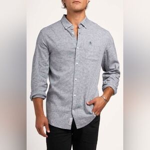 ORIGINAL PENGUIN Long-Sleeve Heathered Blue Linen Shirt | SZ XL